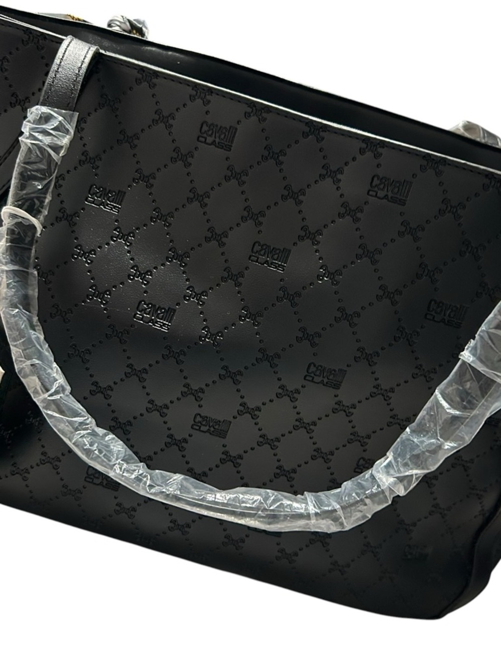 Cavalli Class Black Tote with Gold Logo Pendant and Scarf Accent - Picture 2 of 3